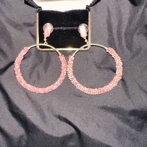 Pink beaded hoops with silver metal